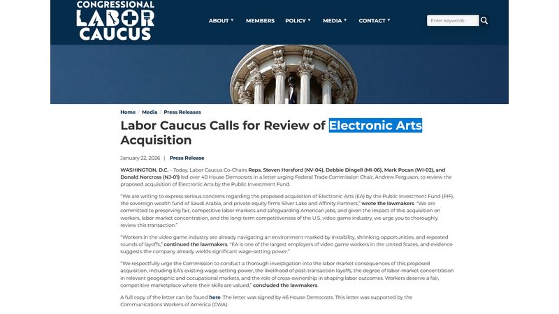 The Sale of Electronic Arts to Saudi Arabia is on the Agenda of the US Congress