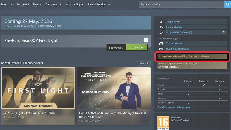 007 First Light Angered Players with It's Denuvo Decision