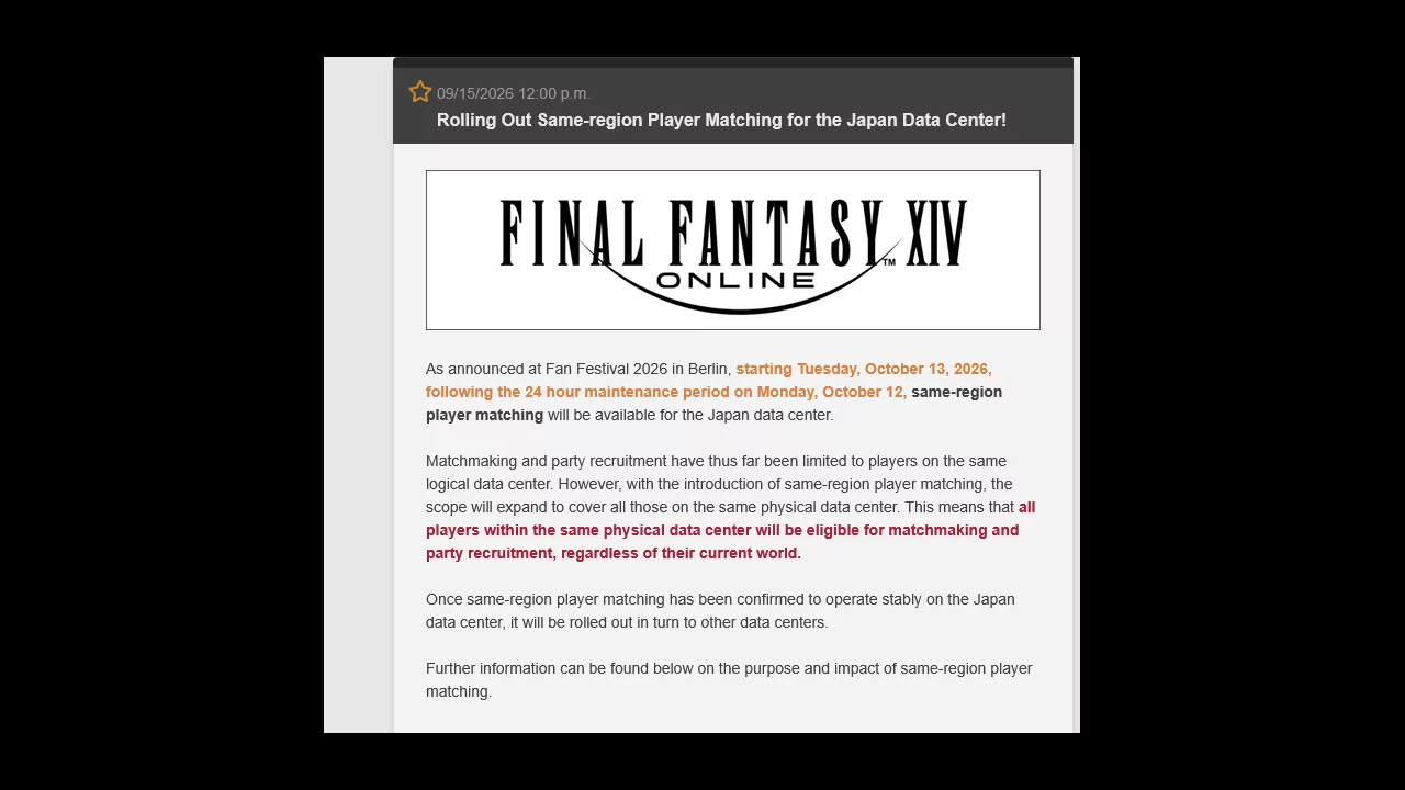Final Fantasy 14 will Match Players from the Same Region